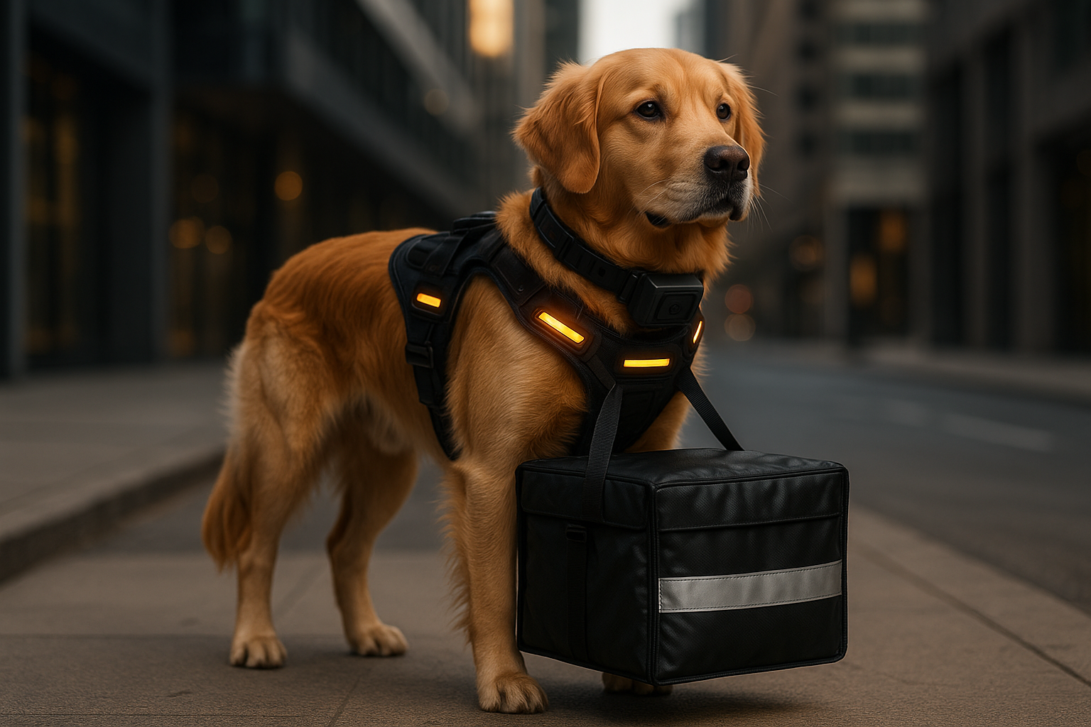 Professional delivery dog with high-tech harness